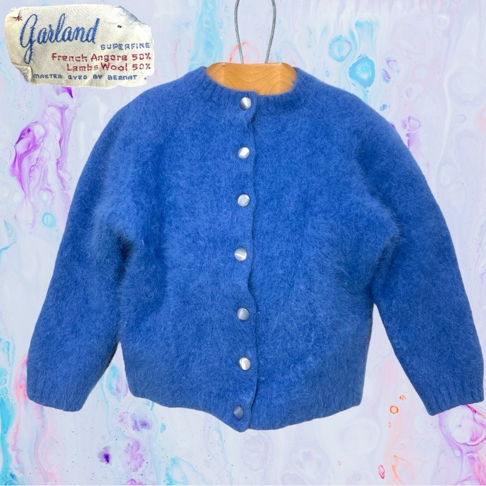 VTG 60's Blue GARLAND Angora & Lambswool Button Up Cardigan See Measurements